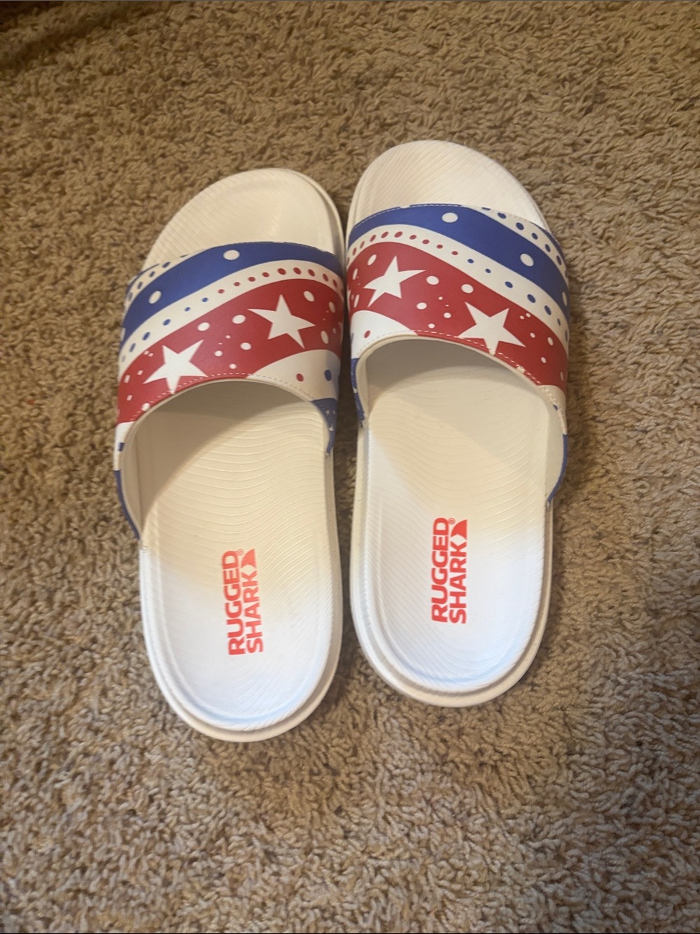 Mens White Slide Sandals with Red & Blue Stars